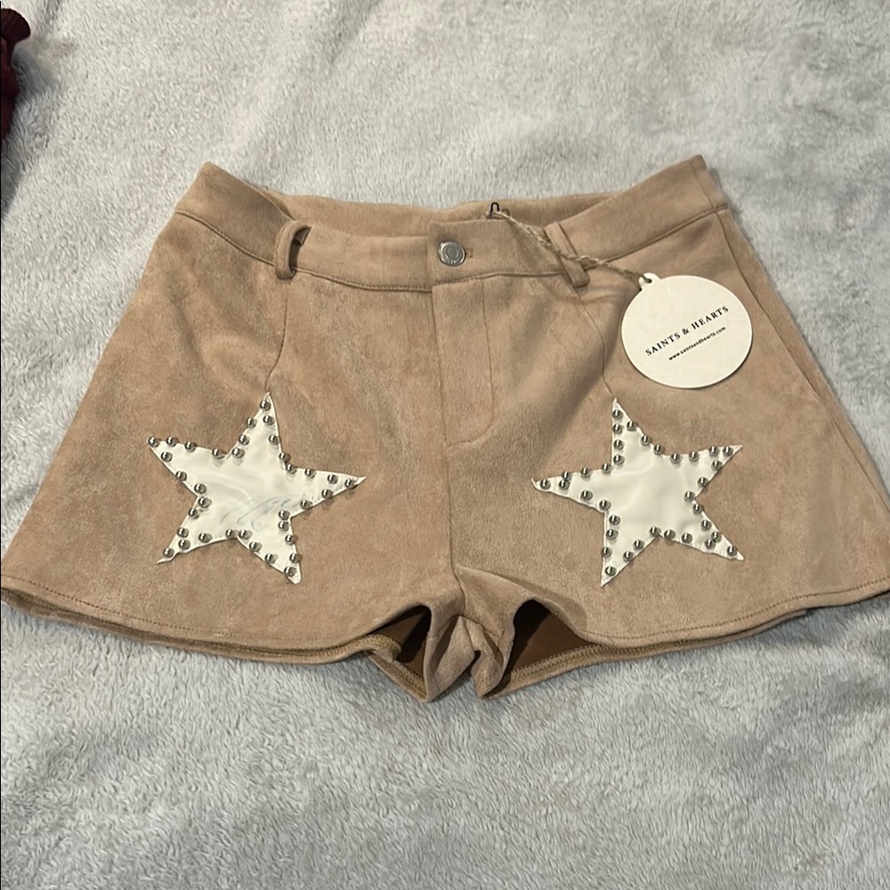High Waist Tan and White Star Shorts